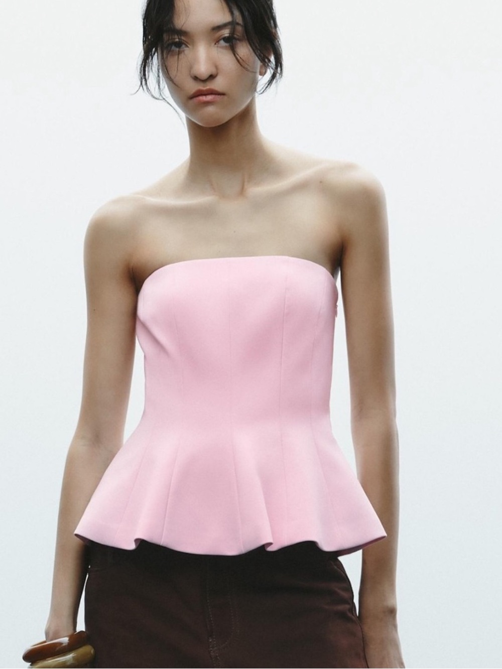 Zara Viral Strapless Peplum Top in Light Pink